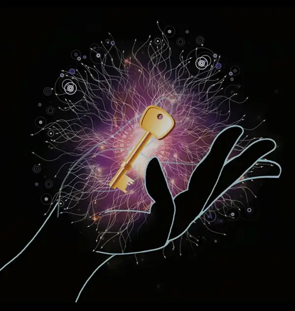 A hand holding a key radiating with energy